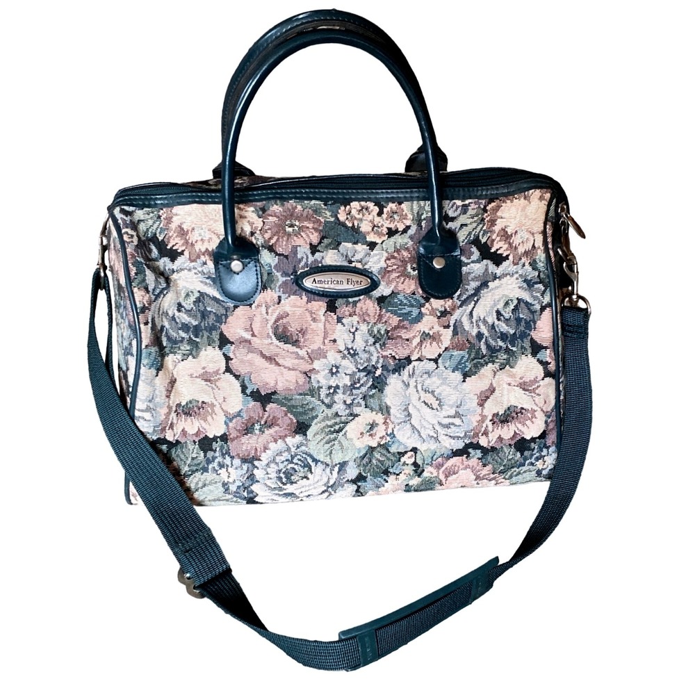 Vintage‎ American Flyer floral tapestry carry on luggage tote handbag OS